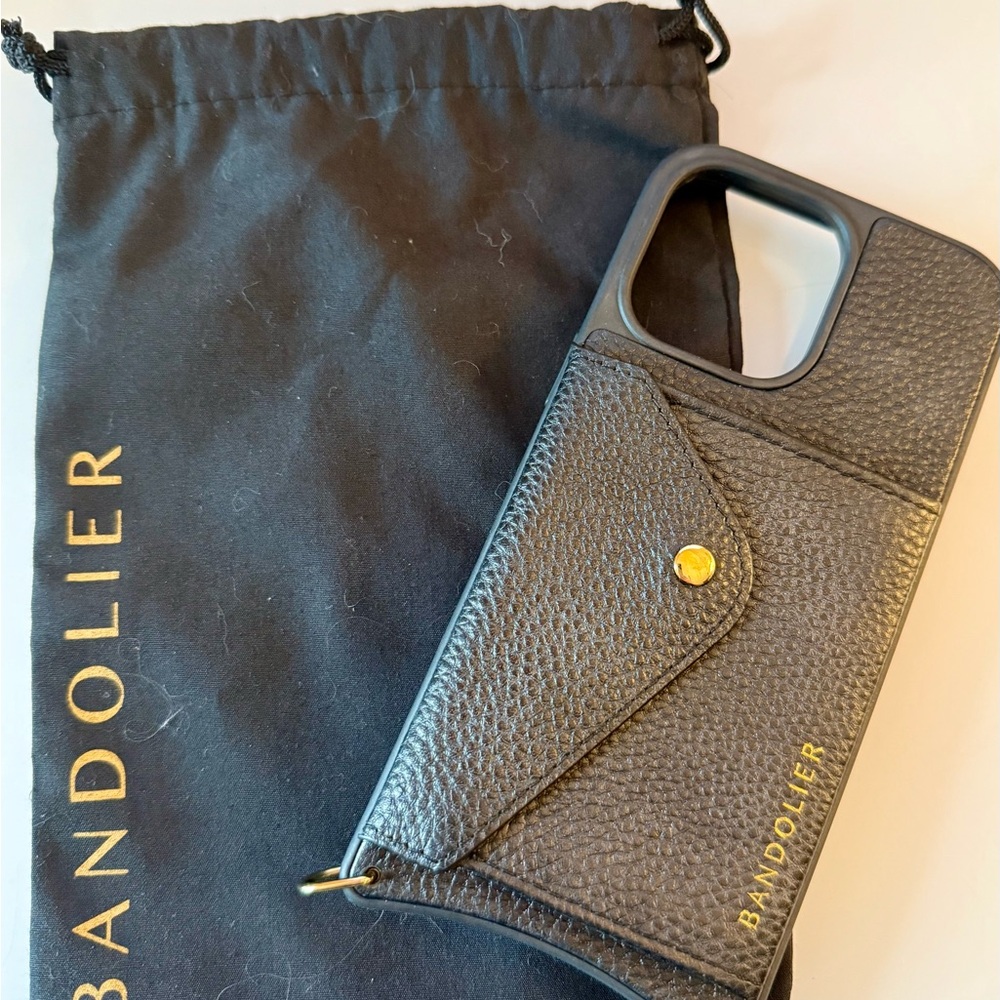 iPhone 14 Pro Max Bandolier Black Leather Phone Case with Gold Accents